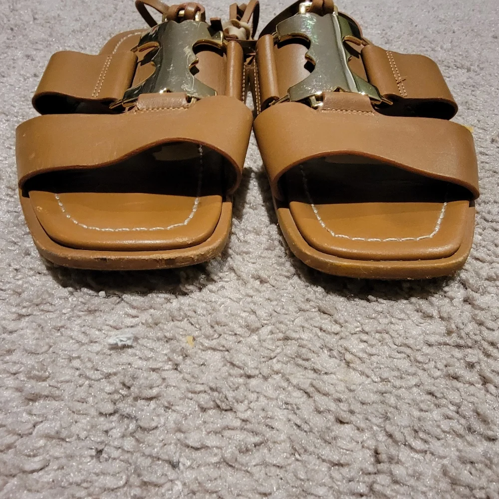 Tory Burch Brown Leather Ankle Wrap Sandals with Gold Hardware